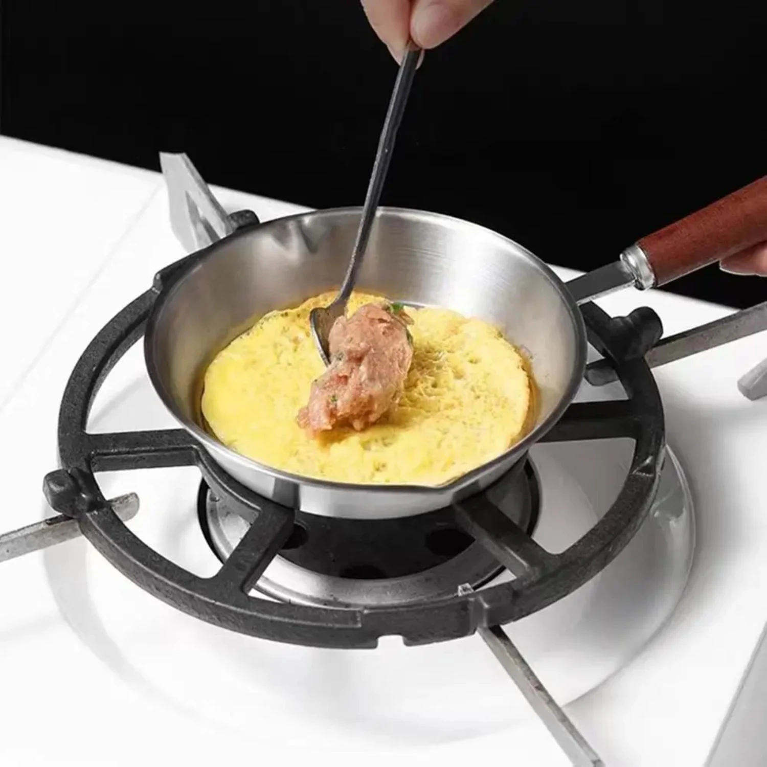 Flat Bottom 304 Stainless Steel Frying Pan PFAS Safe Nonstick Oven Safe Omelette Pan Wooden Handle Small Cooking Pan Chef