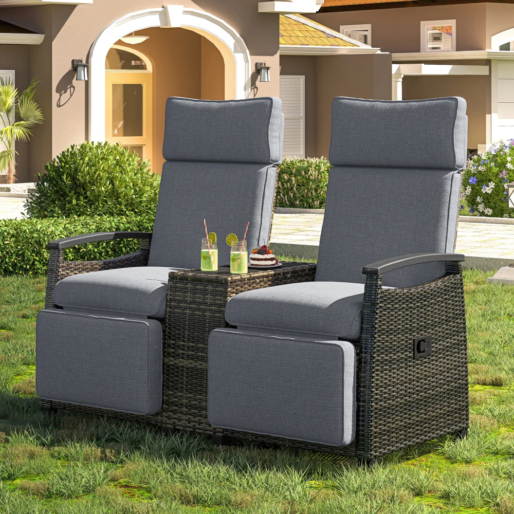 

Patio Recliner Chair, Adjustable Backrest Wicker Outdoor Lounge Chair Set with Acacia Wood Armrests and Built-in Storage Table