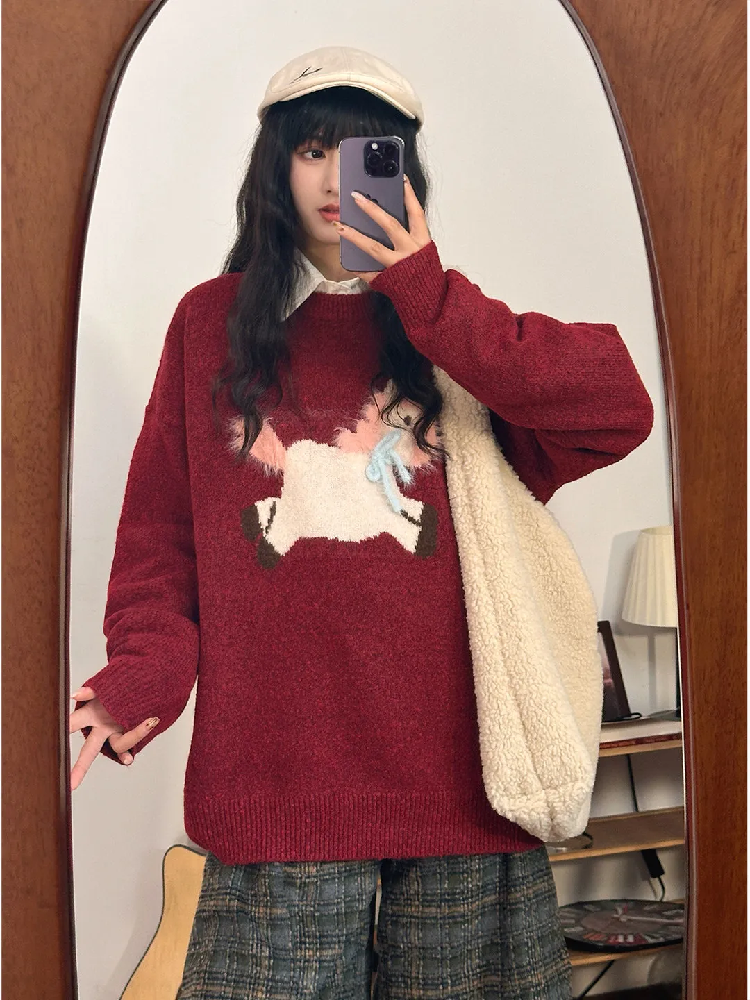 

Ретро-свитер в американском стиле с красным мультяшным принтом, свободный, уютный, с круглым вырезом, вязаный, для мужчин и женщин, осень-зима, премиум-класса