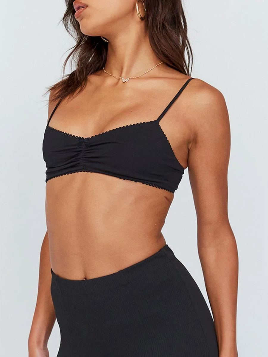 HzDazrl Women Cute Crop Tank Top V Neck Ruched Adjustable Spaghetti Strap Bra Tops Summer Fit Cropped Cami Vest Top