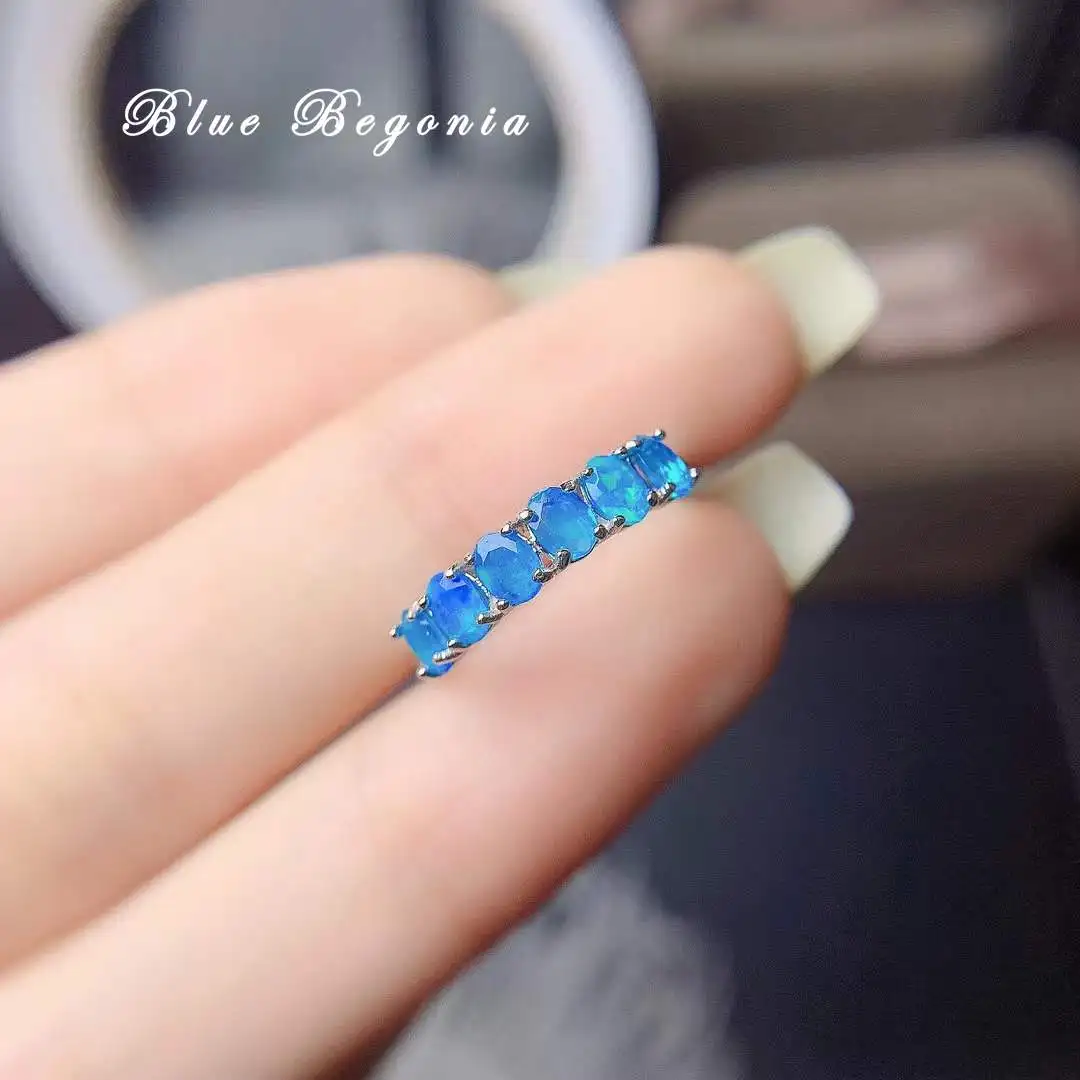 Natural Blue Opal Ring for Women Anniversary Gift 3*4mm Genuine Gemstone Rings Jewelry 925 Sterling Silver