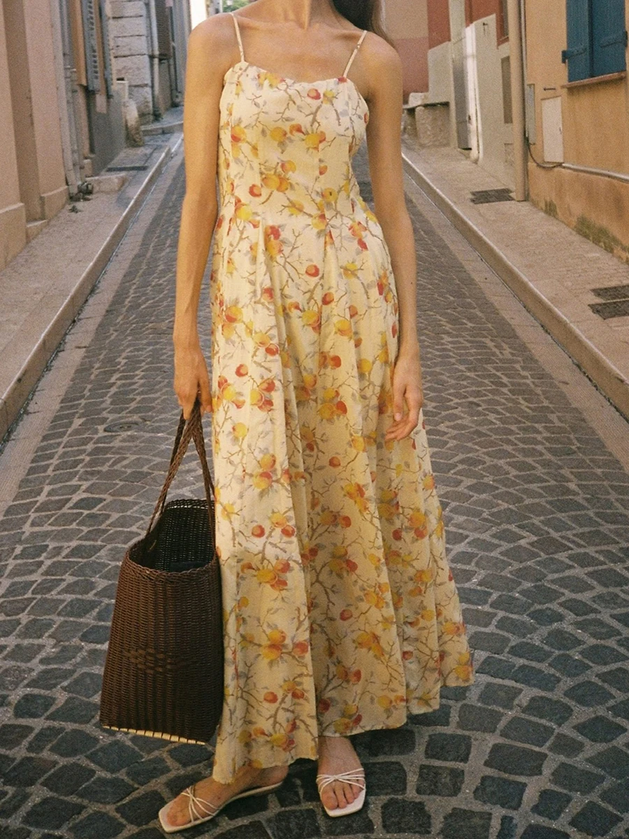 Abito estivo lungo da donna con stampa floreale a pois senza maniche con cinturino per spaghetti