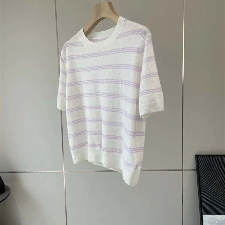 

Элегантный простой весенний вязаный свитер с коротким рукавом из флокированной пряжи в полоску, женский, модный, базовый, повседневный.