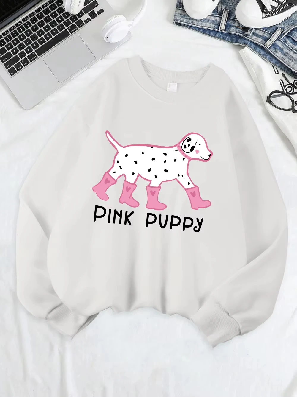

Весенне-осенний тонкий женский свитшот с розовым принтом собаки, свободная повседневная толстовка с капюшоном, теплый круглый вырез на флисовой подкладке
