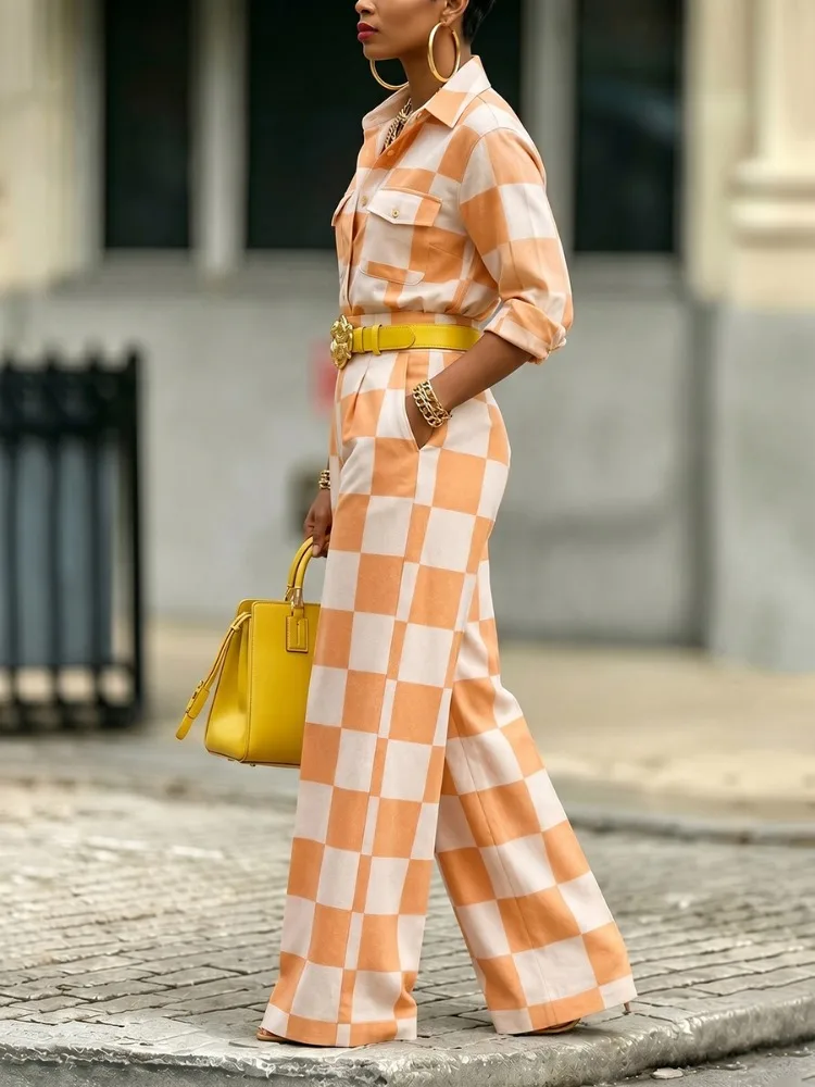 Yeezzi Women Fashion Orange White Plaid Lapel Blouses 2026 New Long Sleeves Loose Pockets Casual Office Shirts Tops For Ladies view 5