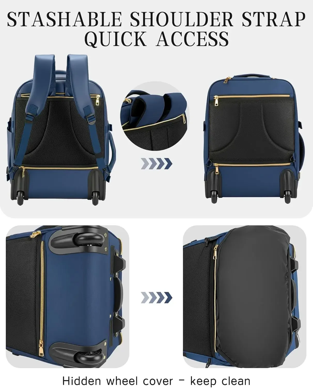 Afbeelding 5: Handbagage met wielen voor volwassenen, door luchtvaartmaatschappijen goedgekeurde rollende rugzak voor dames, opvouwbare reislaptoprugzak aan de onderkant (D