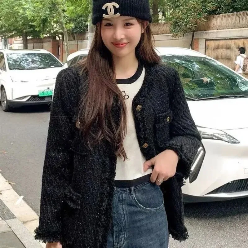 Insozkdg primavera autunno moda stile coreano Chic giacca Blazer Tweed donna temperamento dimagrante elegante cappotto di lana di media lunghezza