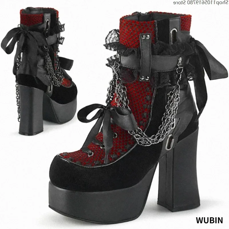 Women Gothic Punk Retro Chain Lace Up Bow Round Toe Square Heel Chunky Platform Ankle Short Boots Party Cosplay Fashion Footwear