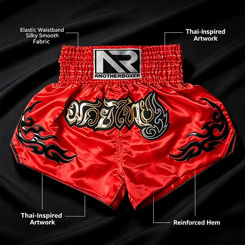 Bestickte Muay Thai Shorts Klassische Thai-Boxhose Rot mit Breitem Elastischem Bund Satin Kampfsport MMA Sparring Trainingshose