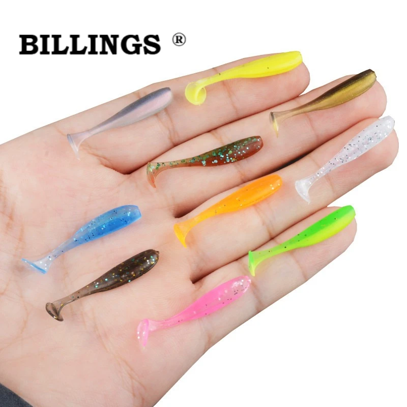 BILLINGS 50 Stück Mini Soft 3,5 cm 0,5 g Angelköder T-Tail-Wurmköder, künstlicher Silikonköder, Angelzubehör für Barsch und Hecht