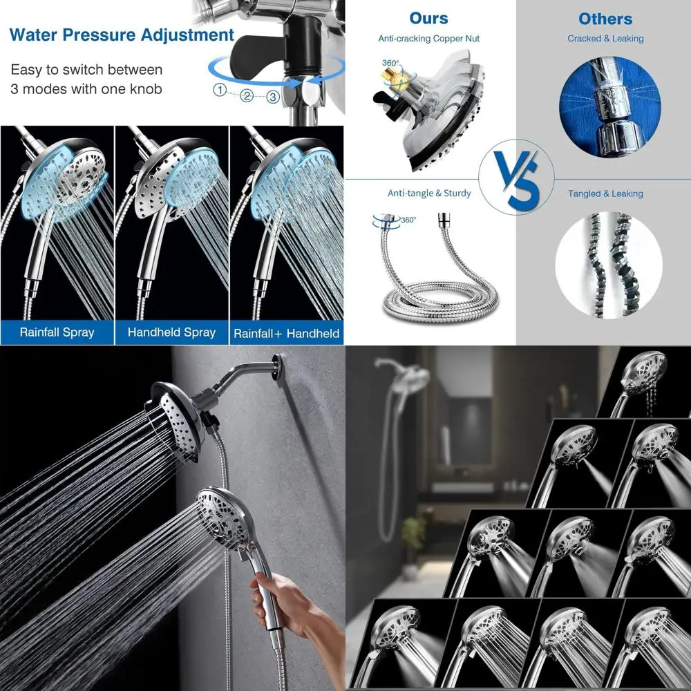 

2-in-1 High-Pressure Shower Head: Handheld & Rainfall with 59 Rotating Stainless Steel Hose and Trim System