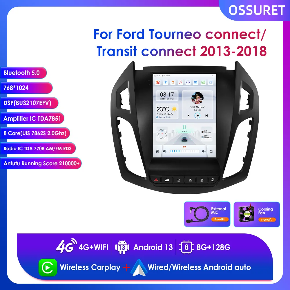 Android 13 für Ford Tourneo Connect/Transit Connect 2013–2018 mit Kfz-Multimedia-Unterstützung, kabelloses Carplay, Android Auto