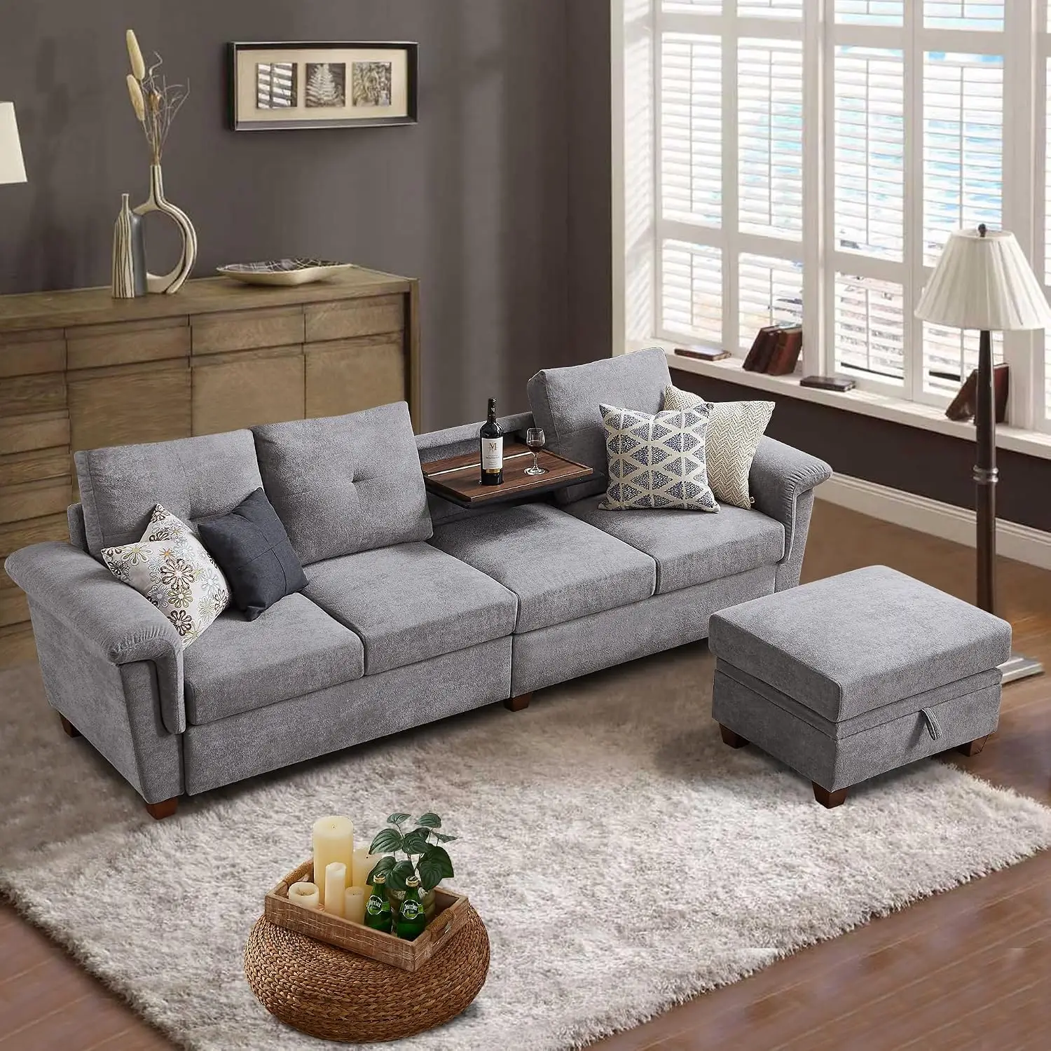 108'' Convertible Sectional Sofa with Storage, 4 Seat L Shaped Couch with Chaise and Cup Holder, Modern Microfiber, Customized