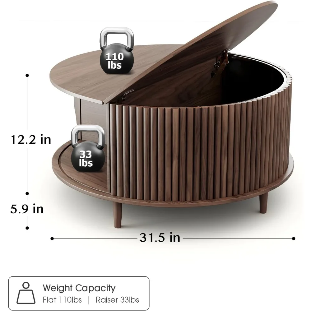 Round Coffee Table with Storage,Mid Century Modern Coffee Table with Sliding Cabinet Door,Coffee Table for Living Room,31.5