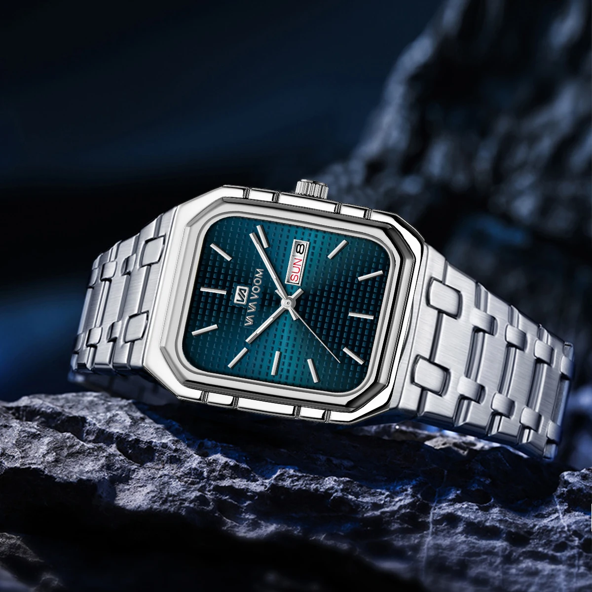 ساعة رجالية مربعة مع حزام من الفولاذ المقاوم للصدأ للأعمال الفاخرة العصرية باللون الأزرق والذهبي الأصلي بتقويم مزدوج كوارتز للرجال