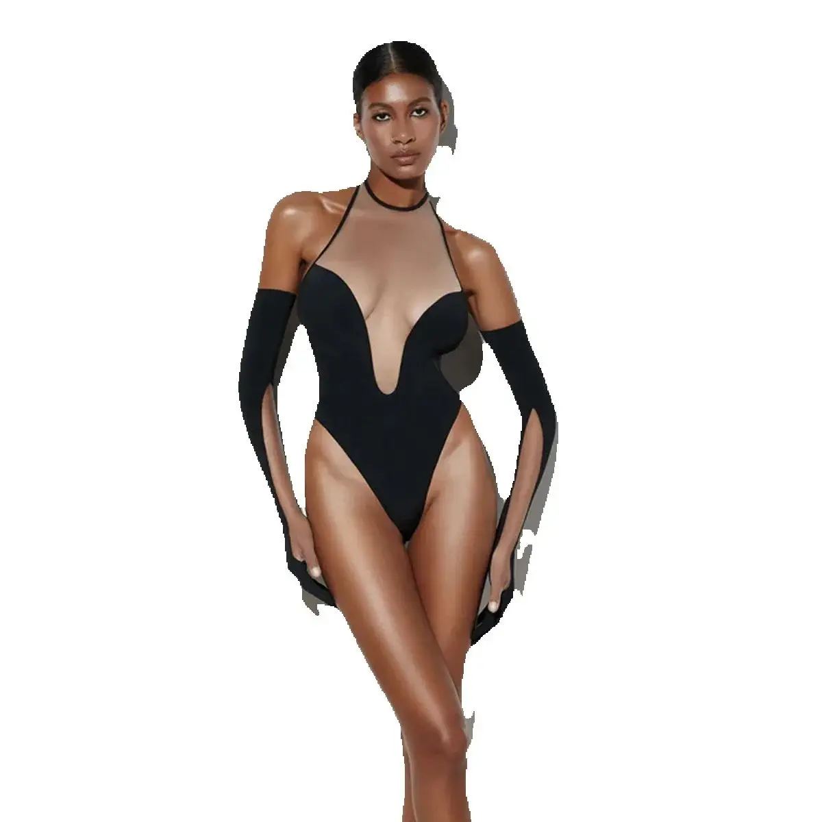 

Sissy Crotchless Bodysuit with Gloves Mesh Deep-V Neck Halter Body Sexy Slimming Women's Top Hot Fantasy Tulle Teddy latex