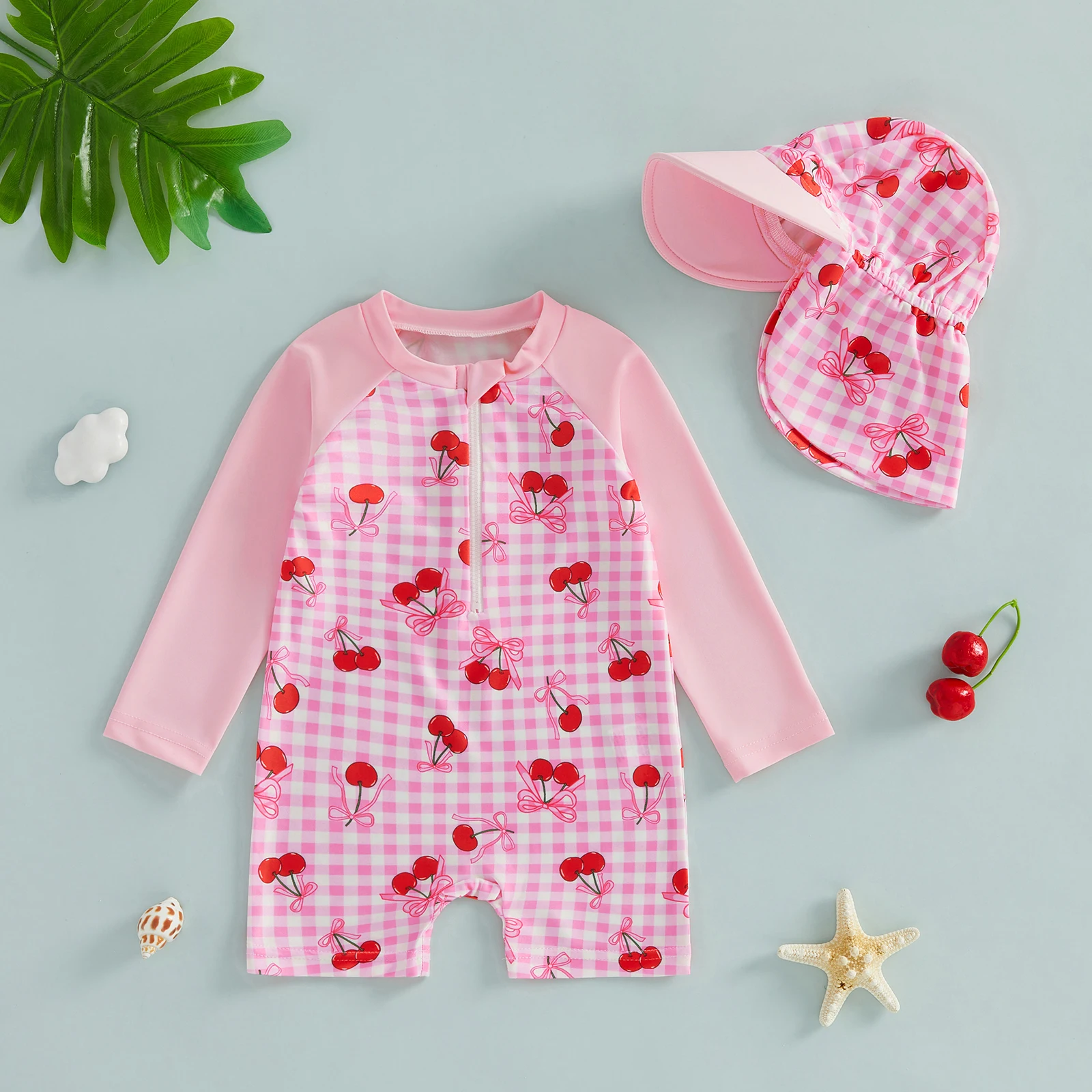 VISgogo Toddler Girl Rash Guard Swimsuit Strawberry/Bow/Cherry Print Long Sleeves Front Zipper Bathing Suit with Hat
