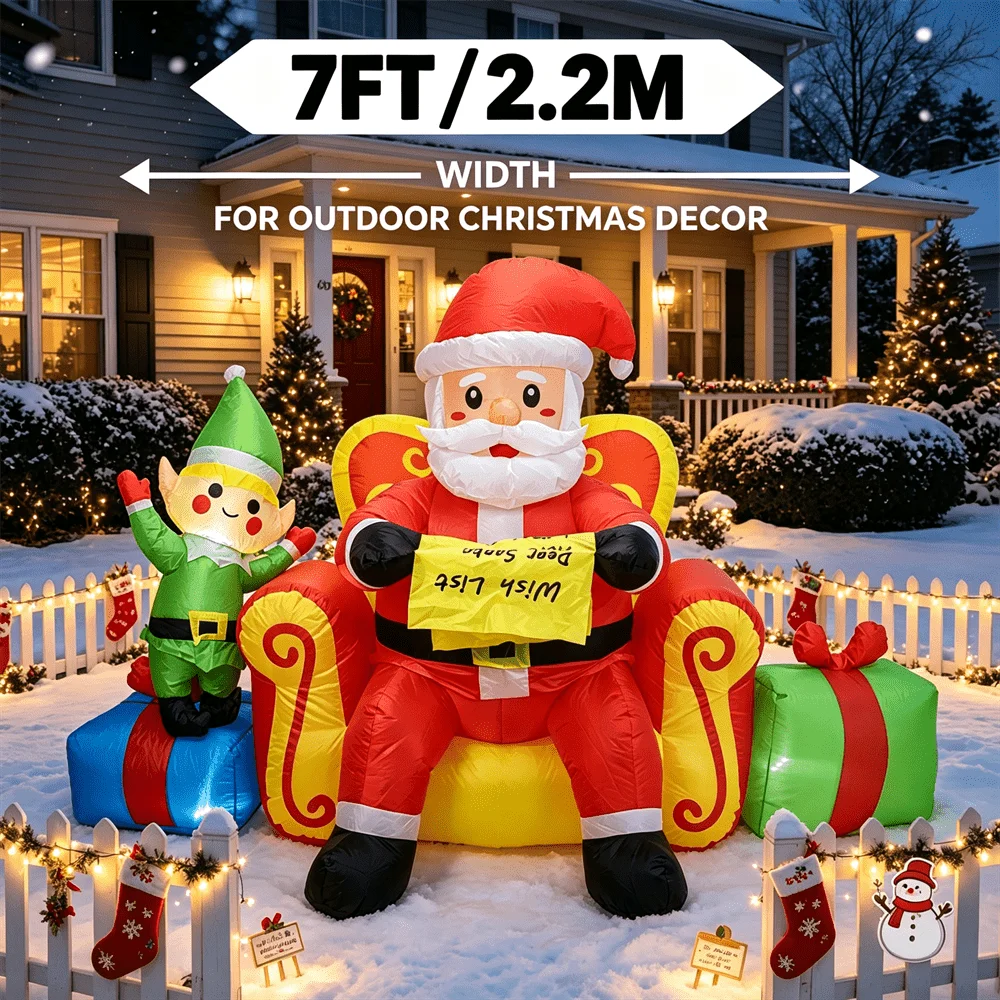 7FT Christmas Inflatable Toy LED Light Up Santa on Throne with Elf Wish List Inflatable Yard Decor Outdoor Lawn Xmas Decoration view 4