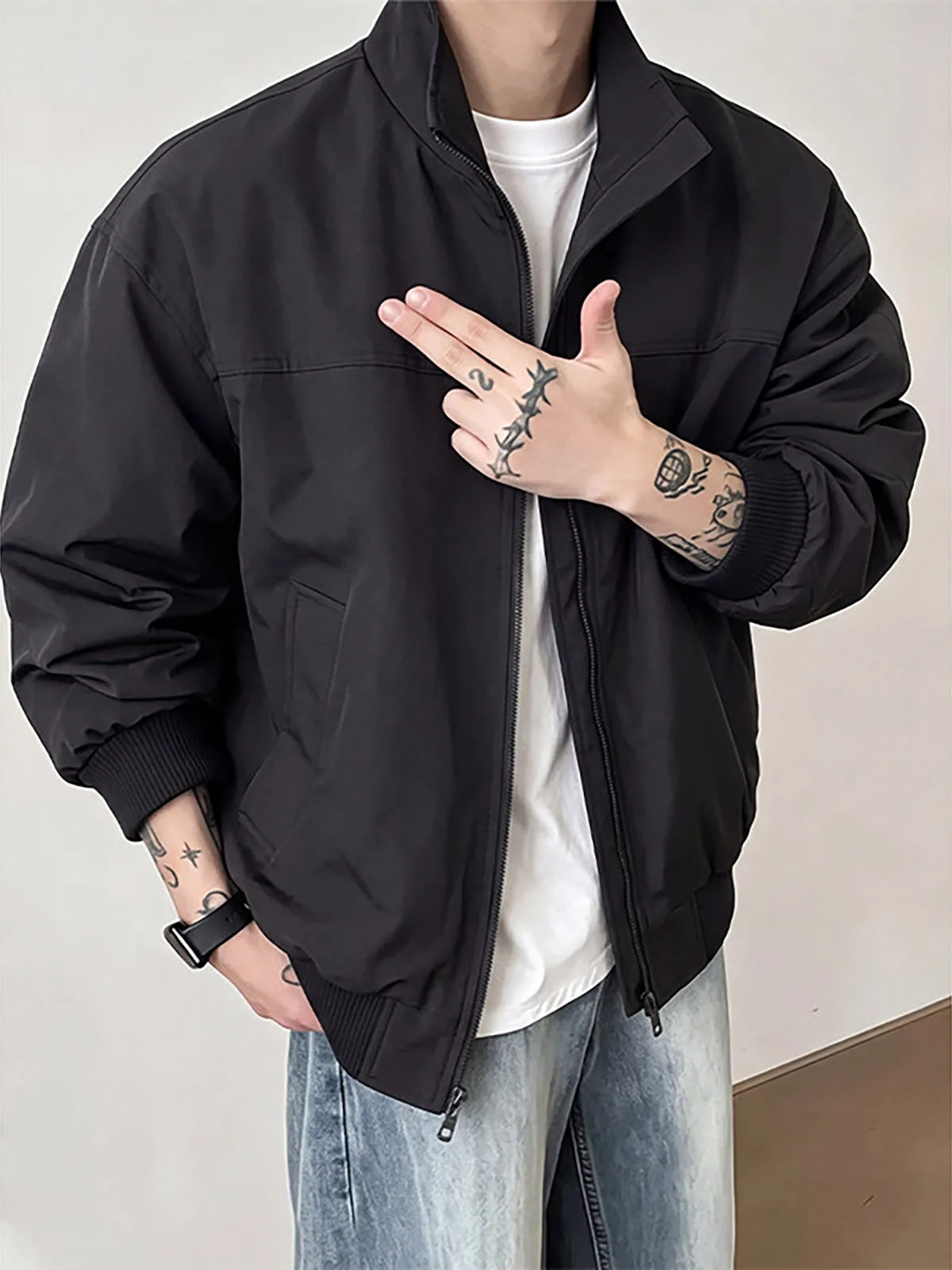 Black Stand Collar Flight Workwear Style Jacket Men's Short Coat American Cleanfit Shoulder Pad Baseball Uniform Outerwear