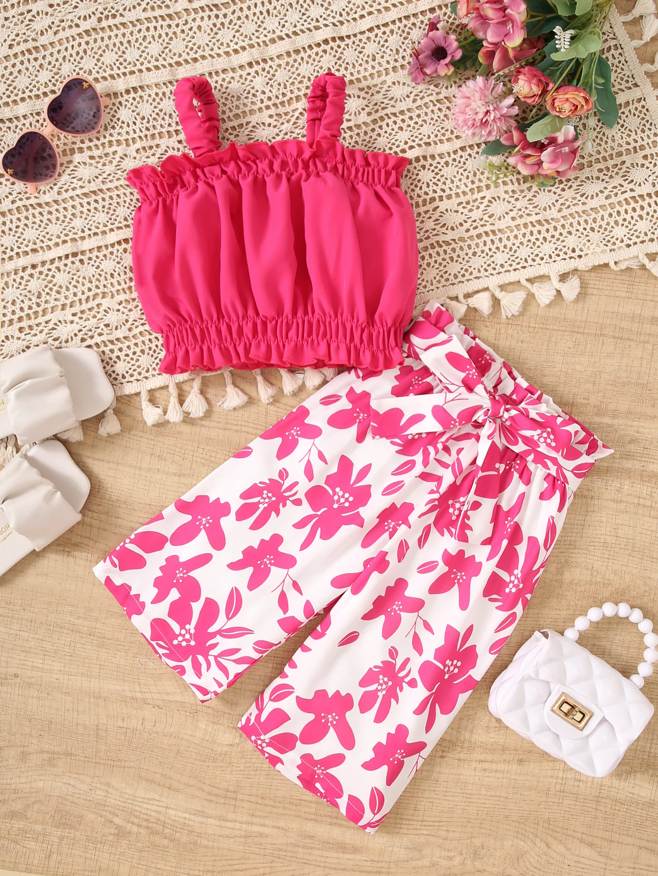 Girls Summer Clothing Rose Red Camisole Top and Printed Straight Pants Fashion Suit