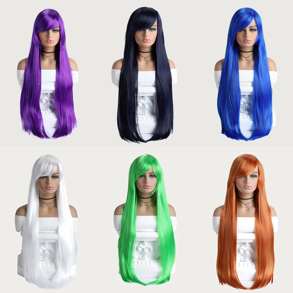 32 Inch Straight Synthetic Wig With Bangs For Ladies In Purple, White, Green, Orange, Black, And Blue, Suitable For Daily Role-P