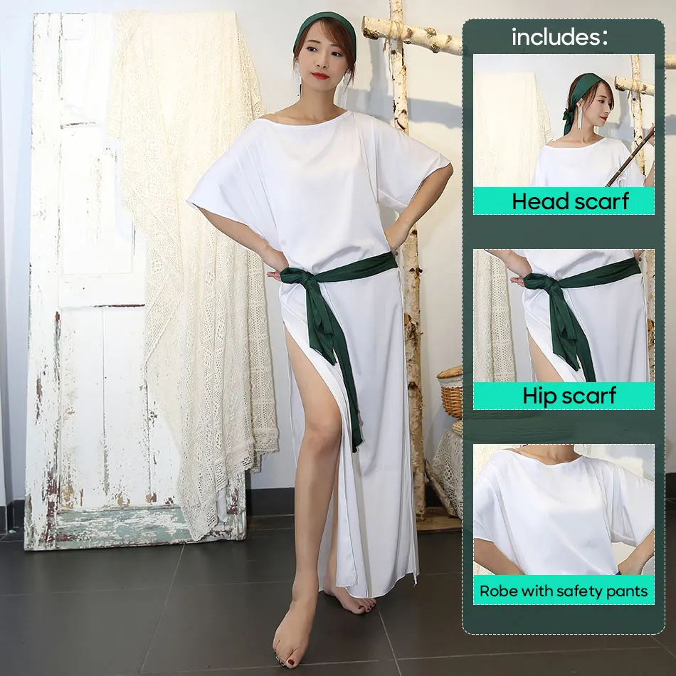 Belly Dance Robe With Safety Pants Hip and Head Scarf Outfit Loose and Fitted White Dance Costuem Set Practice Training Clothes
