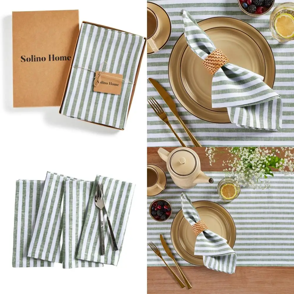 

Набор из 4-х зелено-белых полосатых салфеток из 100% льна, 20x20 дюймов, идеально подходят для весеннего празднования, Дня Святого Патрика и Пасхи.