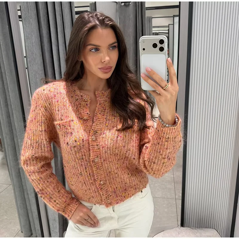 Women Pink Speckled Knit Cardigan Chic Crew Neck Gold Button Chest Pockets Cropped Sweater Autumn Daily Commuting Outfits 2026