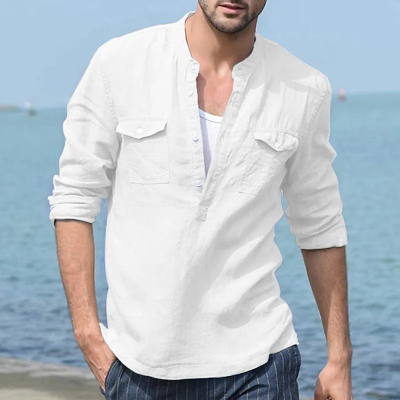 Men's Long-sleeved Shirt Cotton-blend Stand Collar Button Pullover Top Black Fashion Pocket Casual Simple Basic White Blouses