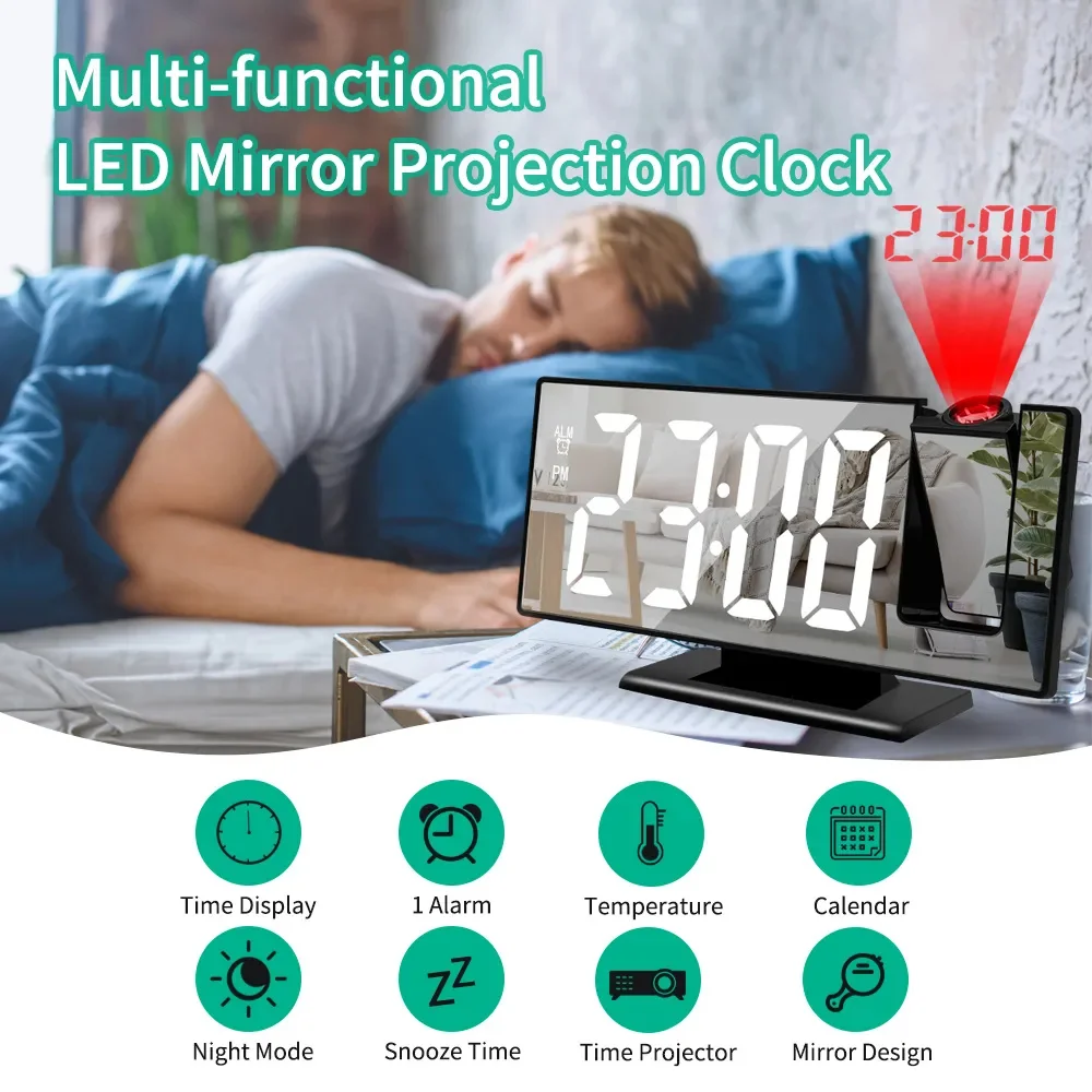 180° Projection Alarm Clock Time Temperature USB Plug-in Digital Alarm Clock Snooze Decor Table Clock 12/24H Projector LED Clock