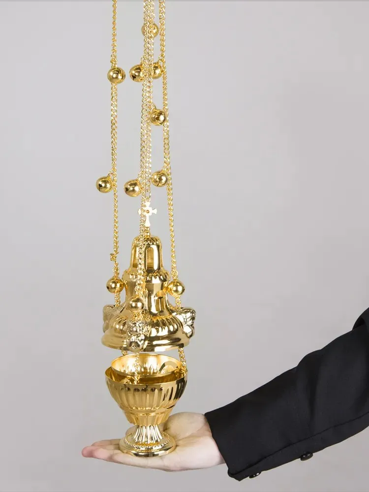 Gold-Plated Zinc Alloy Orthodox Shaking Incense Burner Church Hanging Aromatherapy Censer for Religious Ceremonies