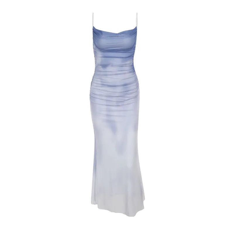 Summer 2025 New Models, Sweet Temperament Royal Sister Slim Gradual Change Printed Mesh Suspender Dress Women Cw30445