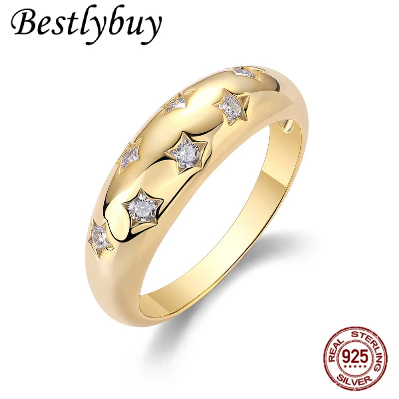

S925 Sterling Silver Plated Wide Five Pointed Star Ring For Women French Retro Zircon Star Ring Light Luxury High-end Jewelry