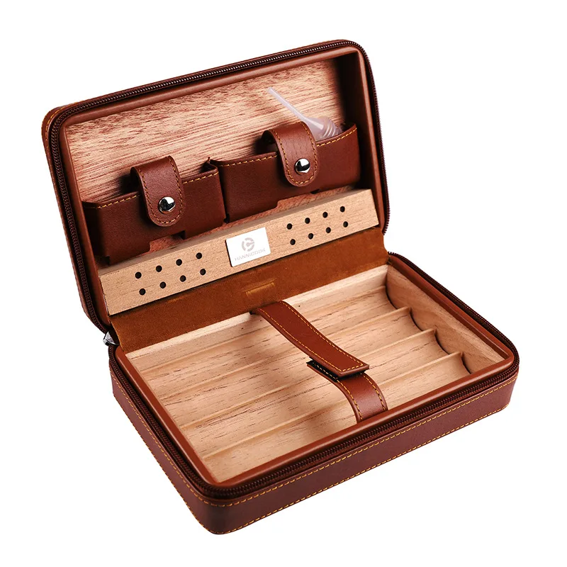 4pcs Humidor Cigar Box Travel Cigar Case orginizer Gift Package Leather Cedar Wood Cutter smoking accessories storage