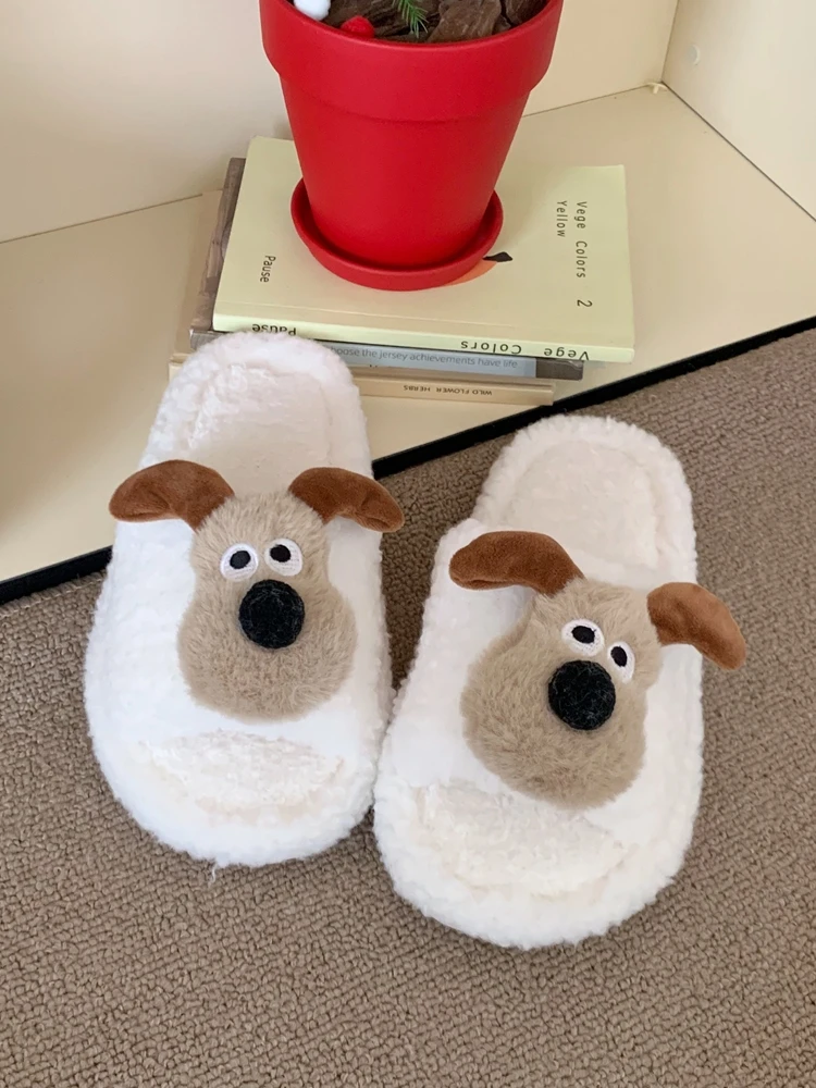 Women Slippers Indoor Anti Slip Cute Puppy Warm Plush Home Slippers, Winter Home Fun Dog Cotton Slippers For Female