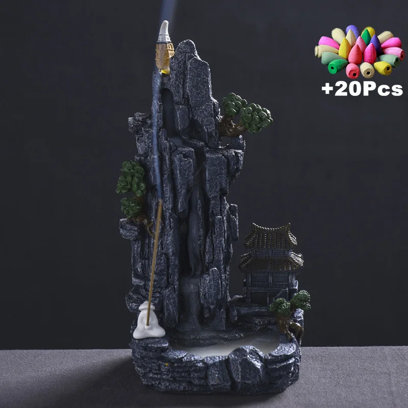 20 Incense Cones Waterfall Backflow Incense Zen Yoga Tea Room Decoration Micro landscape Incense Stick Holder Ashtray