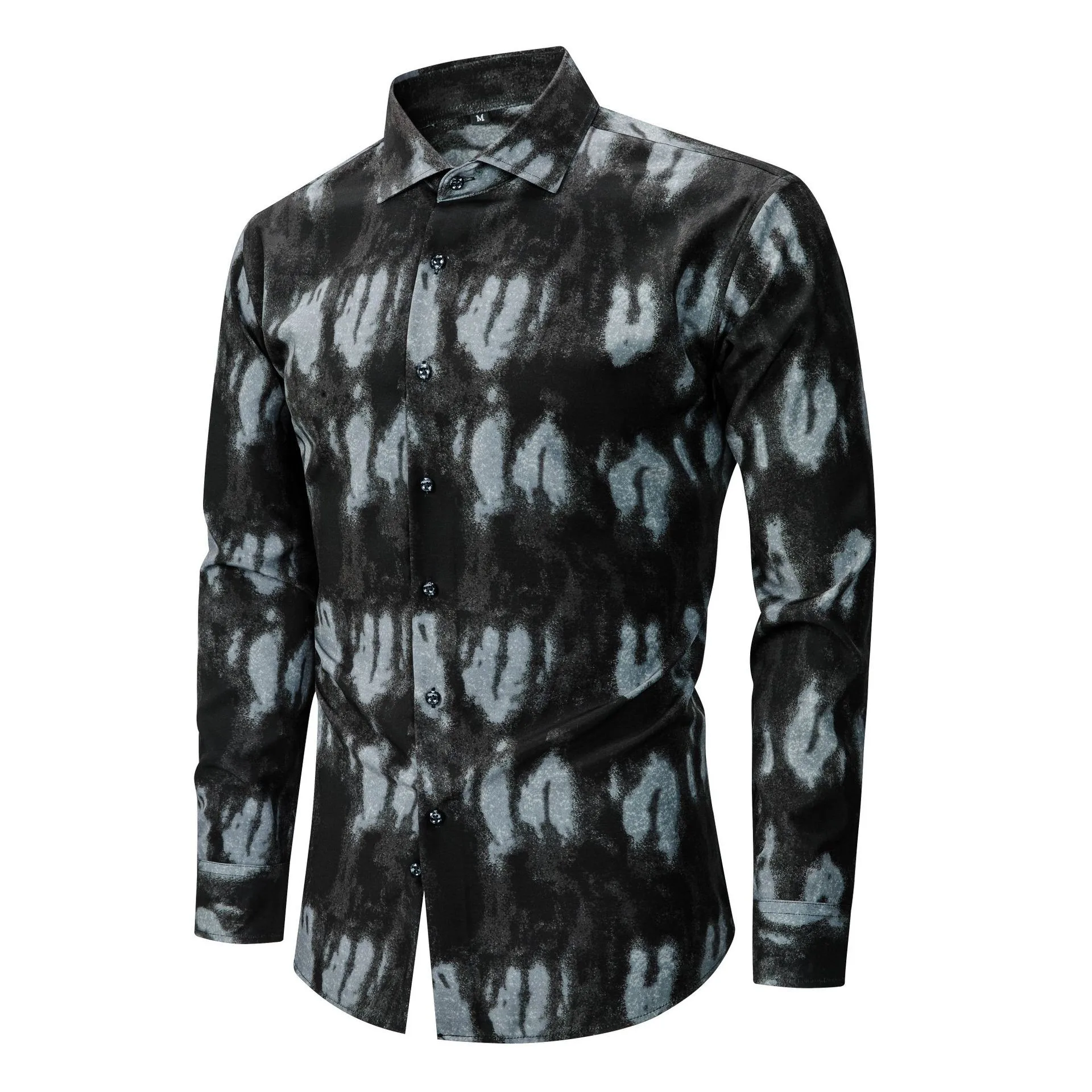 

Men's New Plus Size High Stretch Non-Iron Long Sleeve Shirt, Thin Digital Print Stylish Turn-Down Collar Casual Men's Shirt