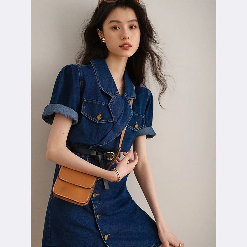 Women Summer V-neck Denim Dress With Belt Decor Single Breasted Style Blue Jean Dresses Turn-down Collar A-line Short Vestidos