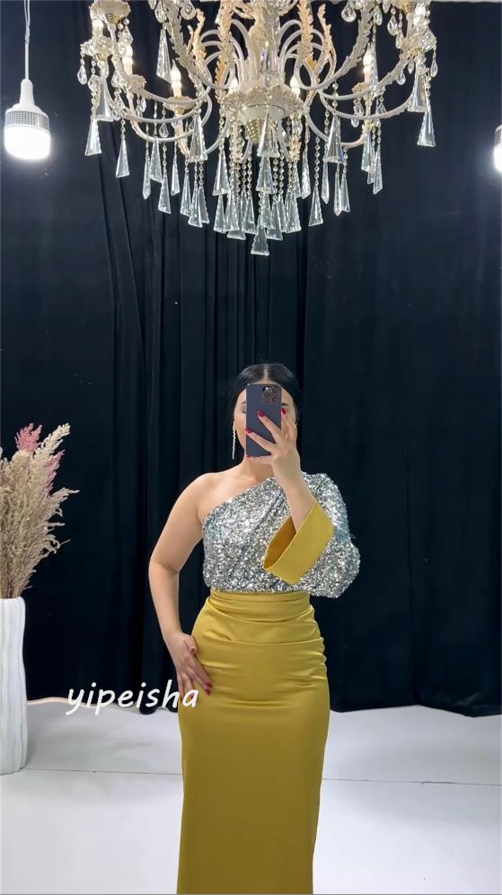 Jersey plisado con lentejuelas para quinceañera, vestido Midi de un hombro a medida para ocasiones