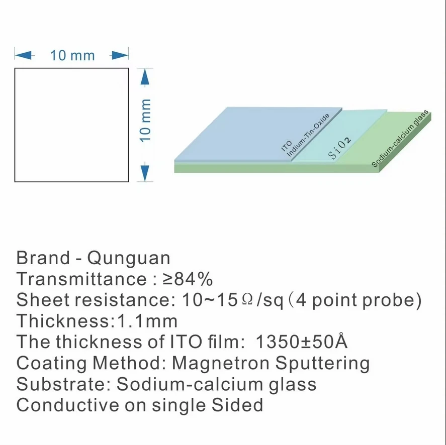 10Pcs ITO Coated Conductive Glass 50x50x1.1mm 10 ohm/sq Cover Slides superconducting Thickness Low Resistance ITO Coated Glass