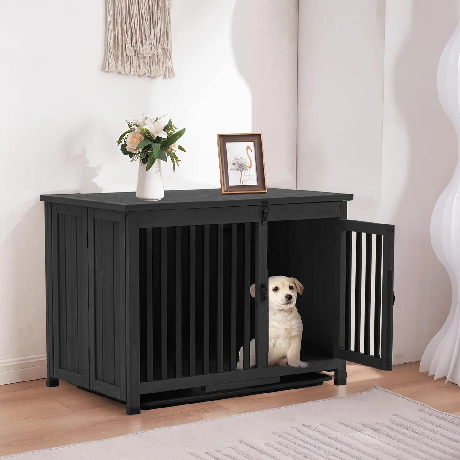 Wooden Dog Crate Furniture, Dog Kennel Pet House End Table, Solid Wood Portable Foldable Indoor Cage for Dogs,