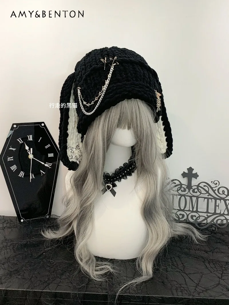 

Original Rabbit Ear Hats for Women Winter Thickened Warm Ear Protection Knitted Wool Hat Cute Versatile Chain Punk Black Hat