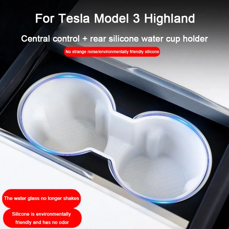 

For Tesla Model 3 Highland 3+ 2023 2024，Car Silicone Central Center Console Water Cup Holder Storage Compartment Rear Drain Cup