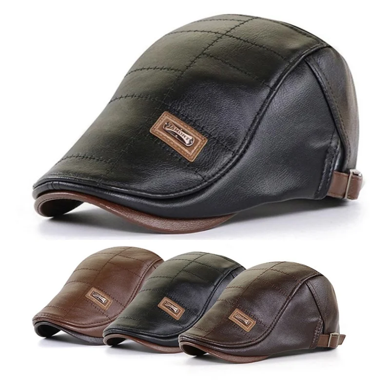 

Vintage Men PU Leather Beret Autumn Winter Visor Flat Cap Thicken Warm Hat Berets England Newsboy Caps Outdoor Sports Golf Hat
