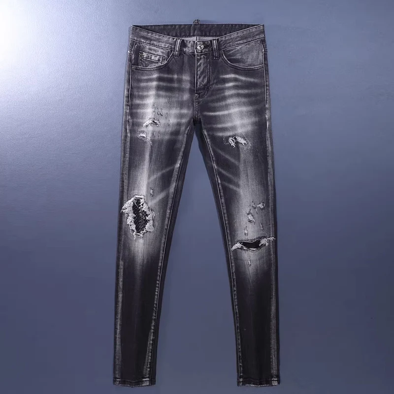 

Мужские джинсы Street Designer Fashion: ретро, черные, серые, стрейч, слим-фит, с бисером и нашивками, рваные, брендовые, в стиле хип-хоп, джинсовые брюки