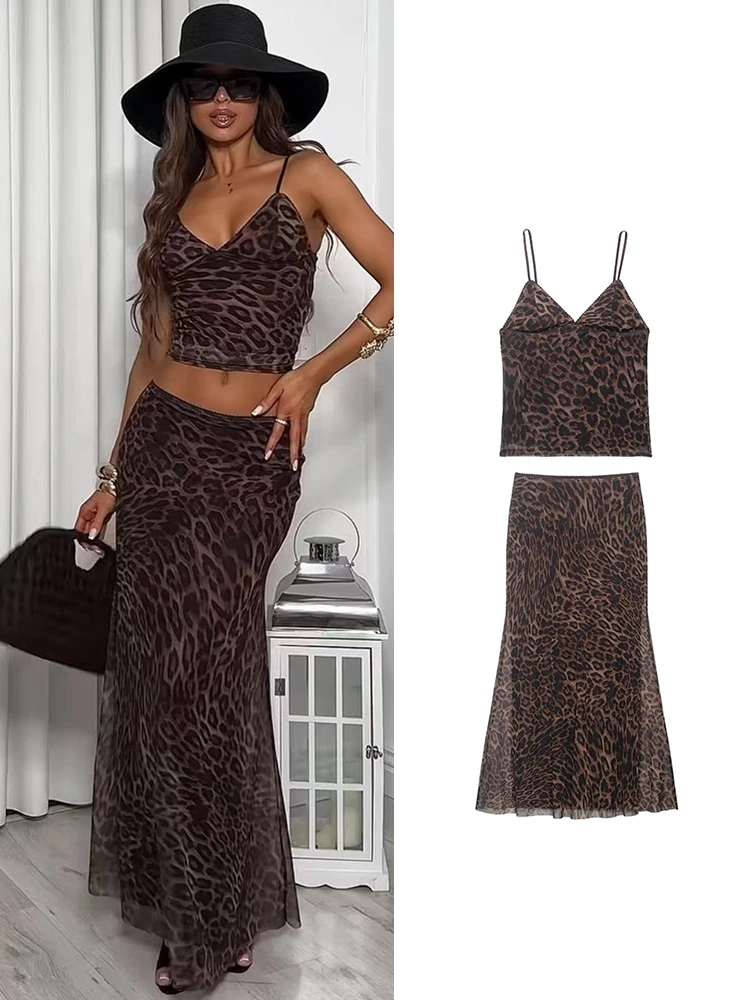 

TFMLN Women Leopard Print Two Piece Set Sexy Sleeveless Sling Crop Top Slim Maxi Skirt Fashion Club Party Streetwear Suit Lady