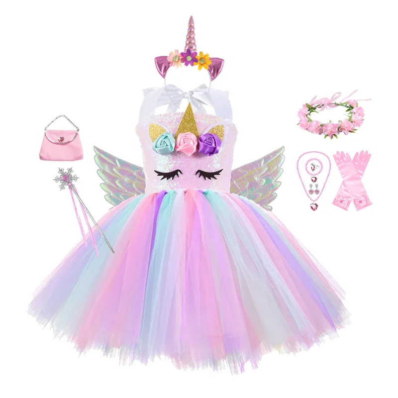 

Princess girls unicorn tutu dress outfits pastel flower baby girl birthday party dresses tulle kids Halloween cosplay costumes