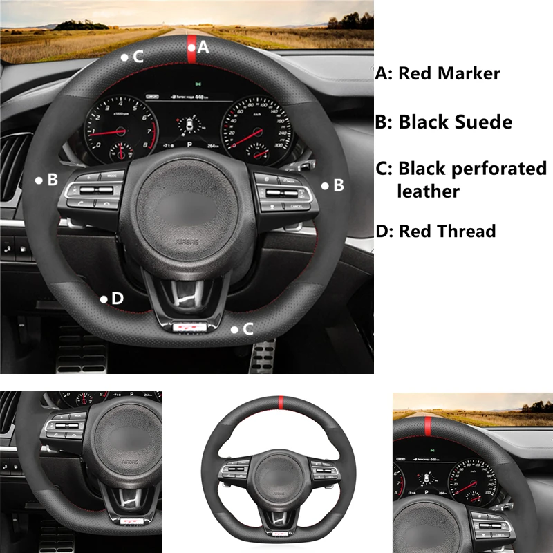 Black Suede Leather Red marker Car Steering Wheel Cover For Kia Stinger 2017 2018 2019 2020