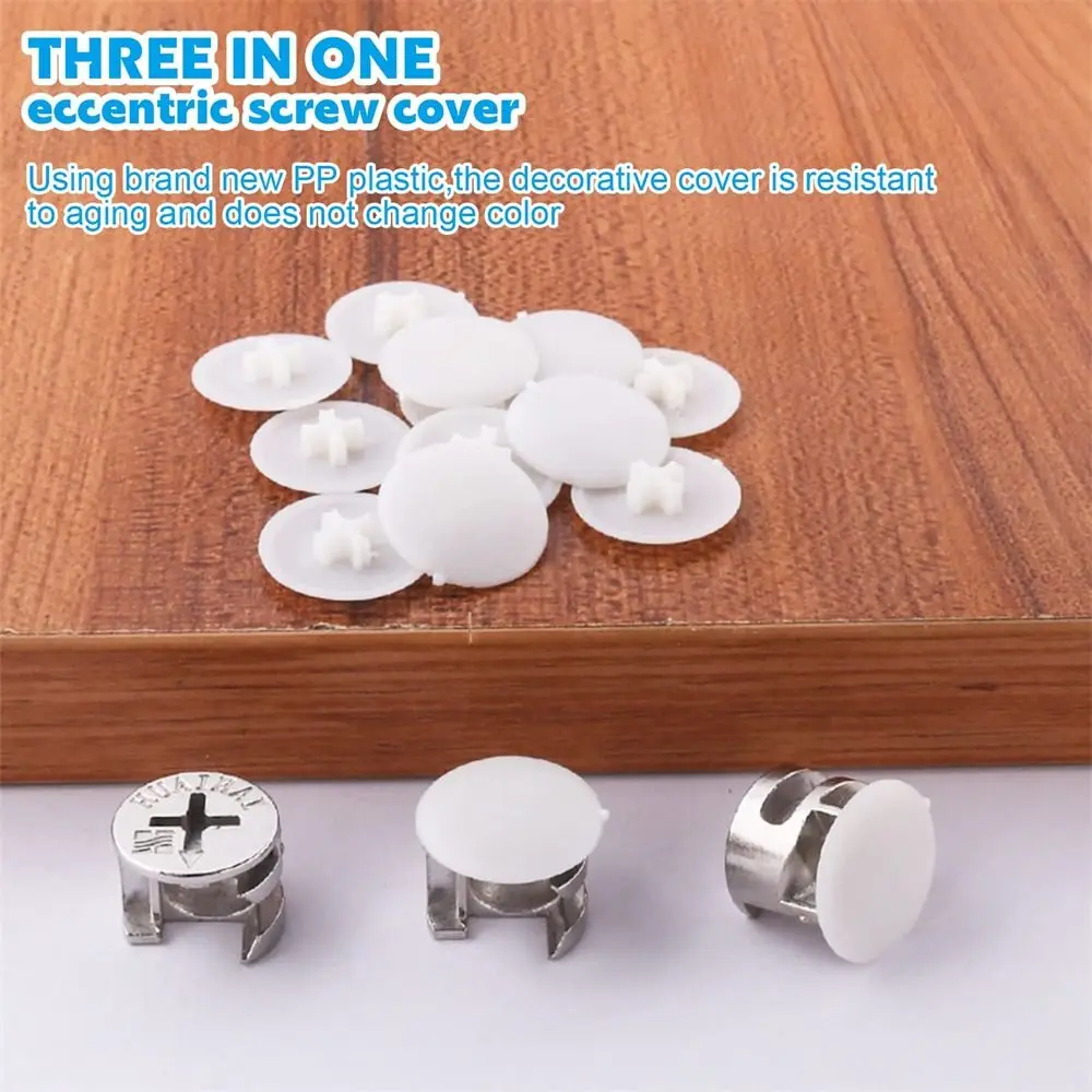 100 PCS White Plastic Nuts Bolts Covers Waterproof 17mm Eccentric Wheel Decorative Cover 3 in1 Screw Cap Screws Head Hardware