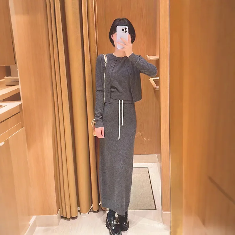 High-End Version S Home Premium Short Grey Sleeveless Knitted Open Cardigan Top Long Half Skirt Women's Fashion Set